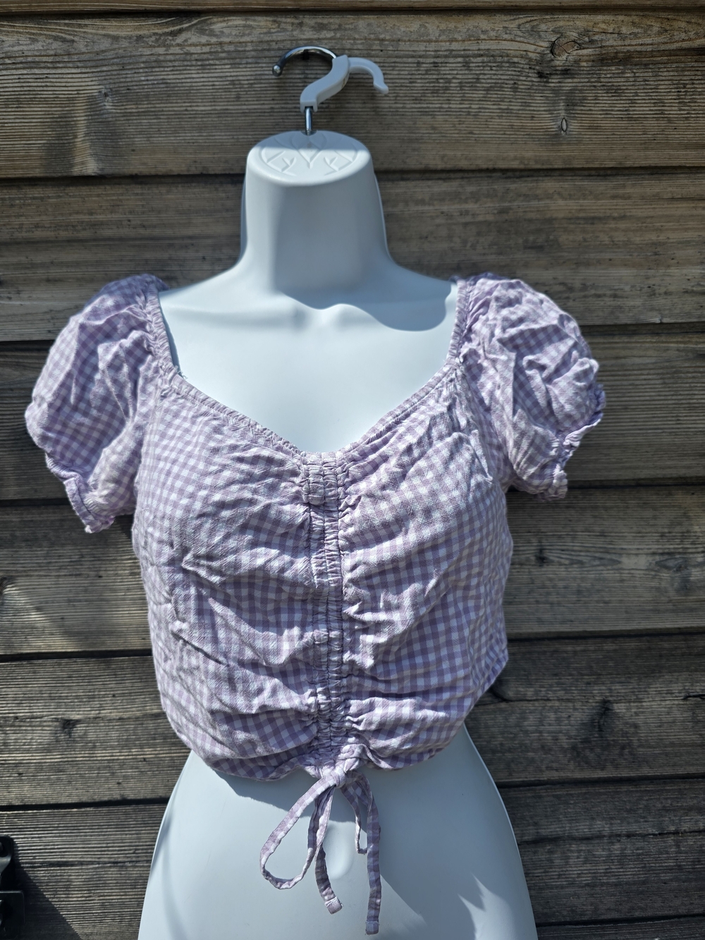 Hollister Lavender Gingham Ruched Tie-Front Crop Top